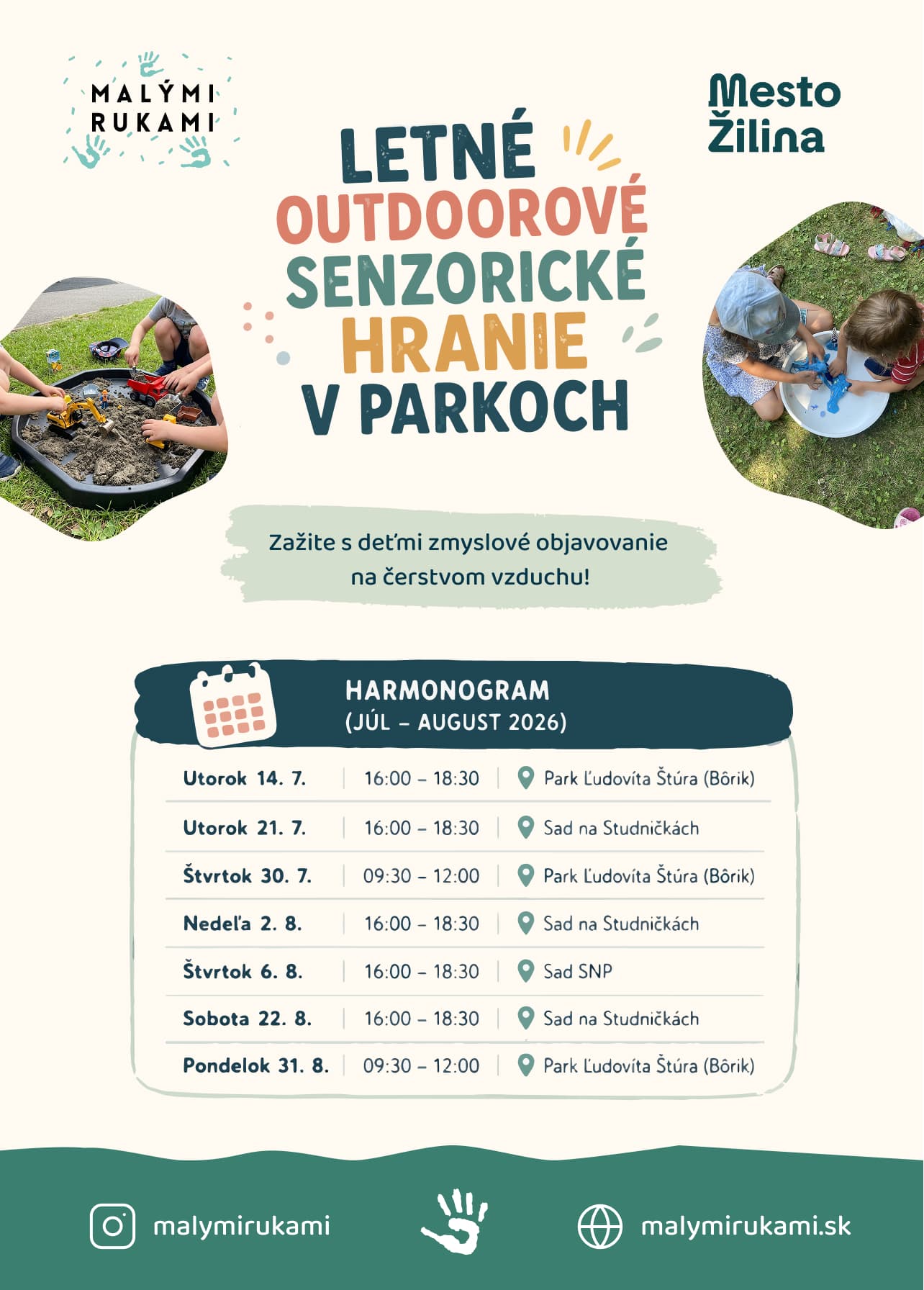 Plagát letného senzorického hrania v parkoch Malými rukami v spolupráci s Mestom Žilina